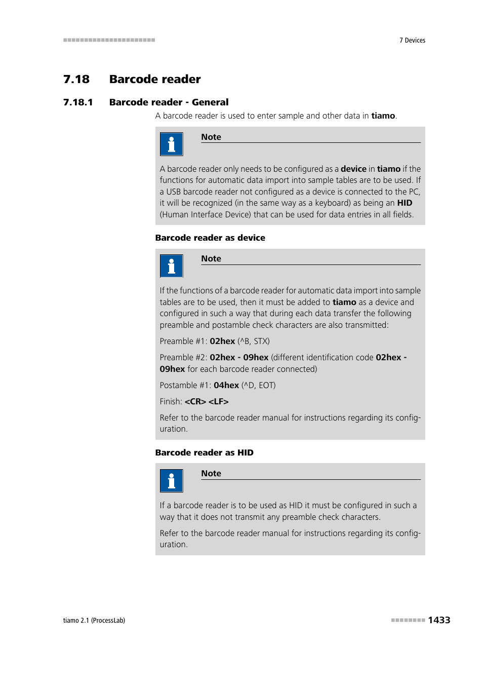 18 barcode reader, 1 barcode reader - general, 18 barcode reader 3 7.18.1 | Barcode reader - general 3, Barcode reader | Metrohm tiamo 2.1 (ProcessLab) User Manual | Page 1449 / 1602