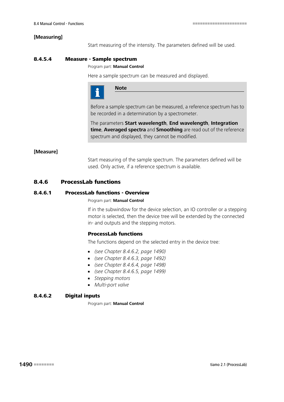 4 measure - sample spectrum, 6 processlab functions, 1 processlab functions - overview | 2 digital inputs, Processlab functions 0, Processlab - manual control | Metrohm tiamo 2.1 (ProcessLab) User Manual | Page 1506 / 1602