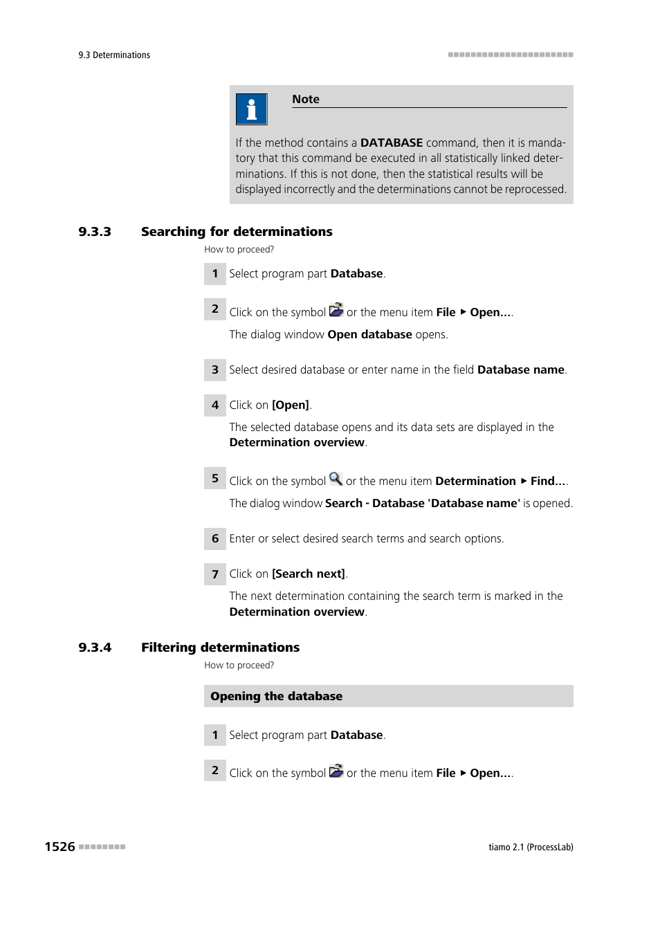 3 searching for determinations, 4 filtering determinations, Searching for determinations 6 | Filtering determinations 6 | Metrohm tiamo 2.1 (ProcessLab) User Manual | Page 1542 / 1602