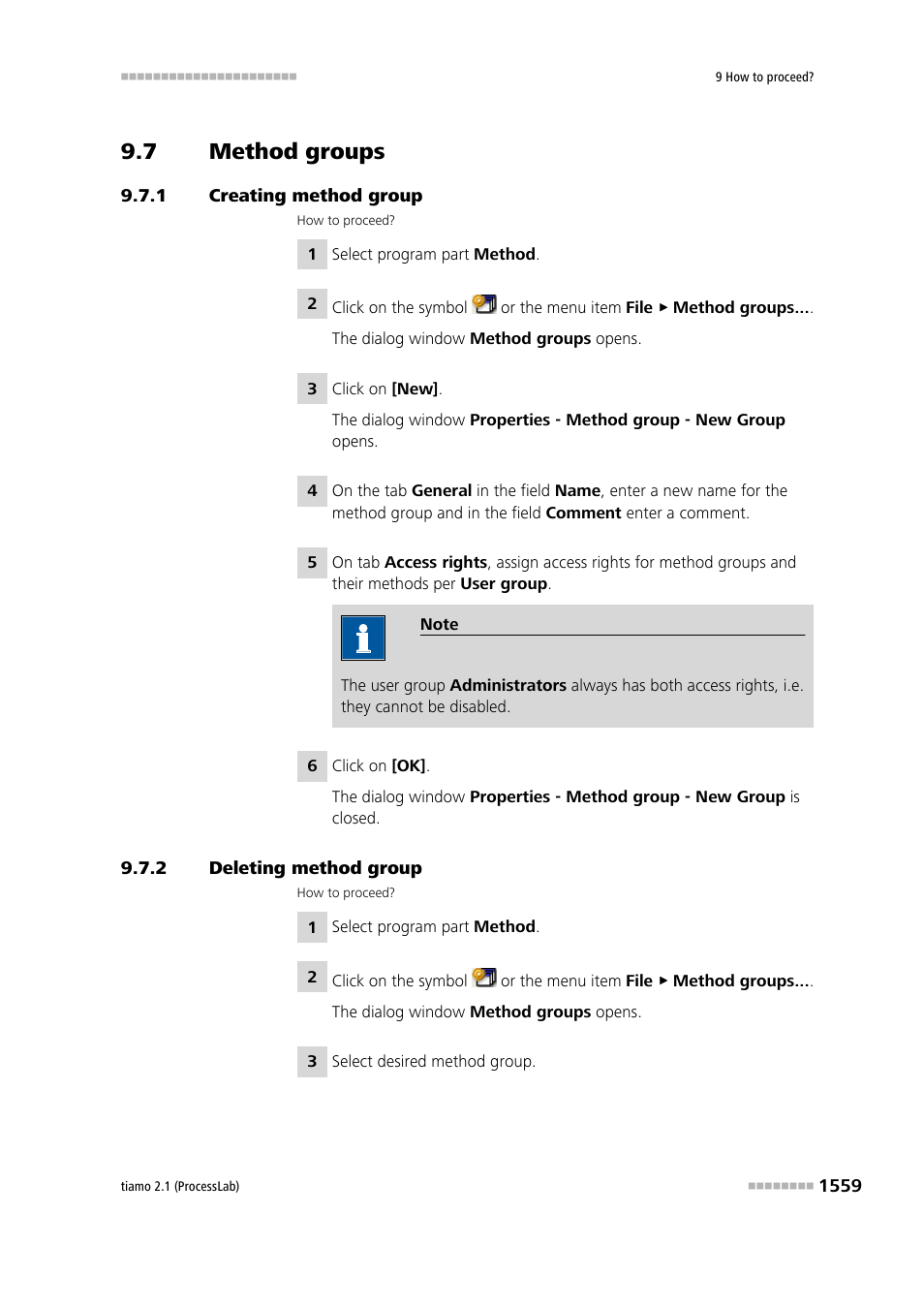 7 method groups, 1 creating method group, 2 deleting method group | Method groups 9, Creating method group 9, Deleting method group 9 | Metrohm tiamo 2.1 (ProcessLab) User Manual | Page 1575 / 1602