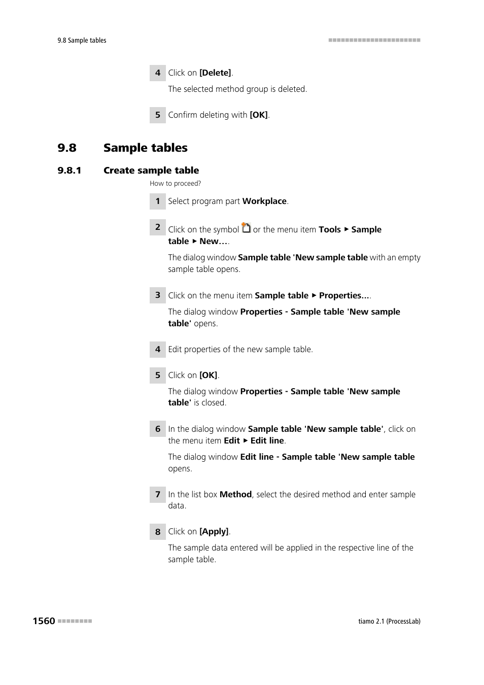 8 sample tables, 1 create sample table, Sample tables 0 | Create sample table 0 | Metrohm tiamo 2.1 (ProcessLab) User Manual | Page 1576 / 1602