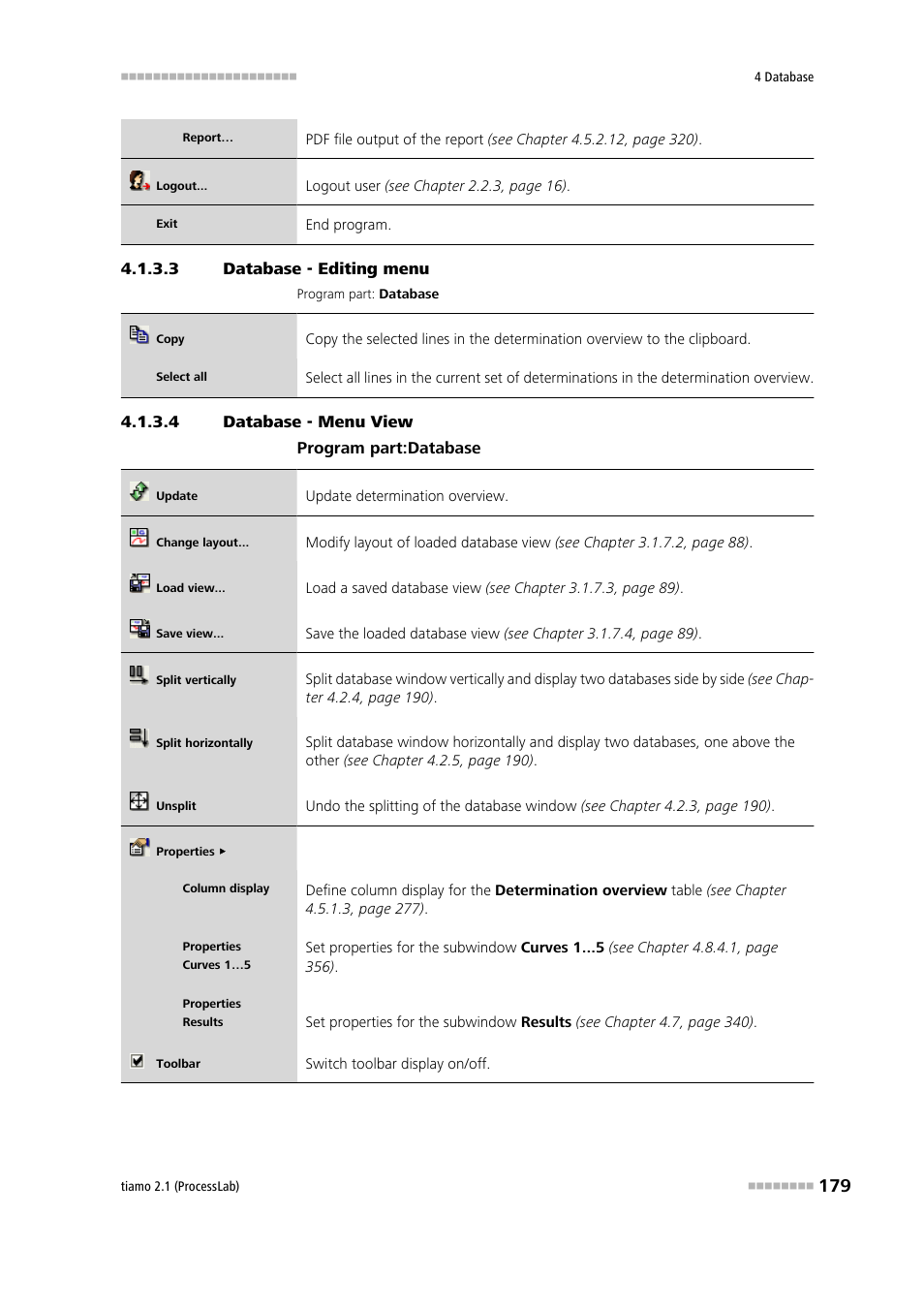 3 database - editing menu, 4 database - menu view, Edit | View | Metrohm tiamo 2.1 (ProcessLab) User Manual | Page 195 / 1602