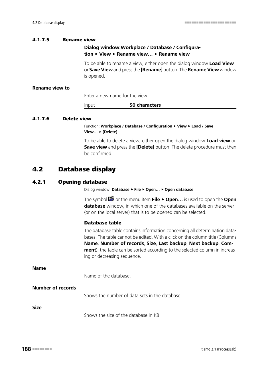 5 rename view, 6 delete view, 2 database display | 1 opening database, Database display, Opening database | Metrohm tiamo 2.1 (ProcessLab) User Manual | Page 204 / 1602