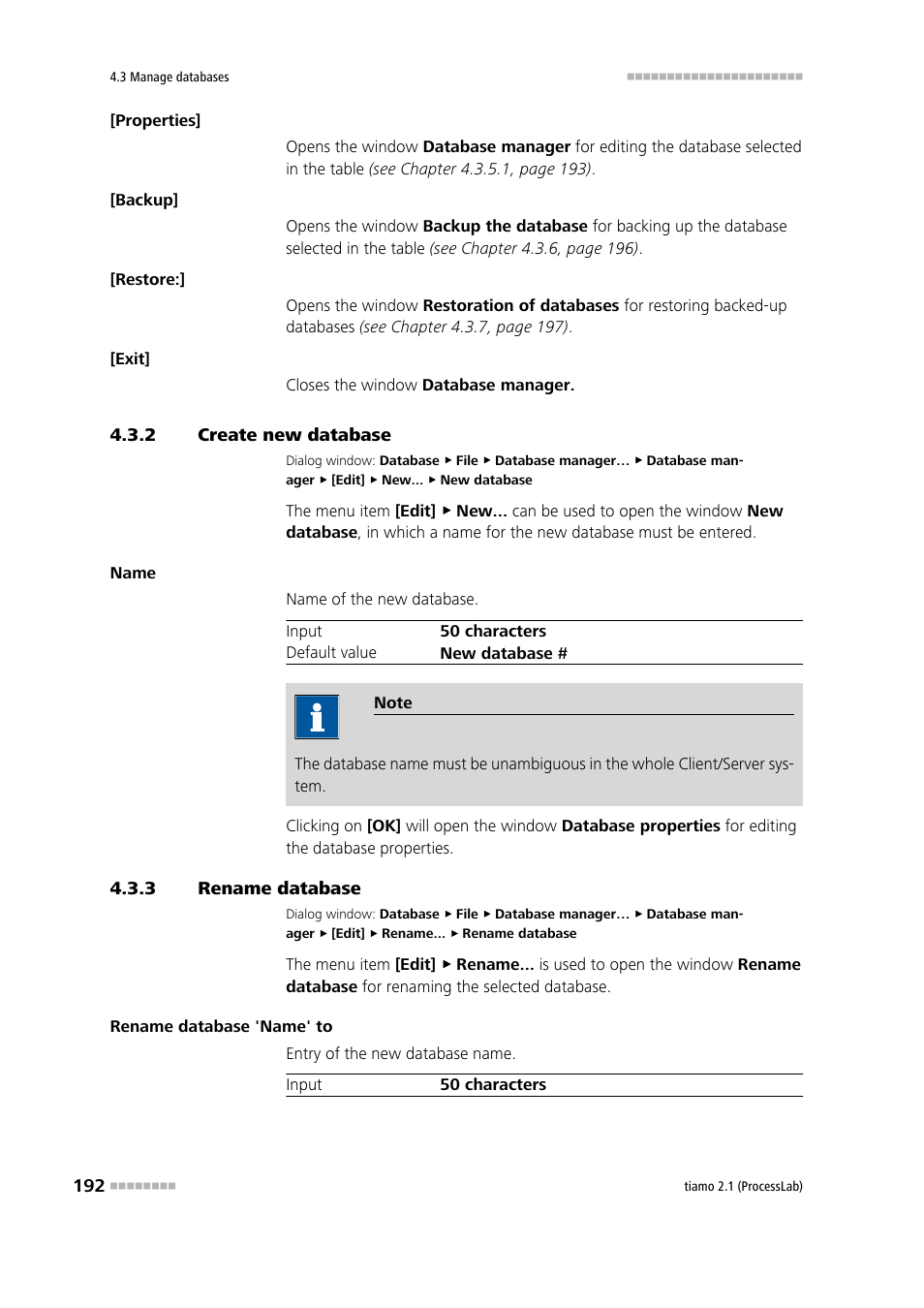 2 create new database, 3 rename database, Create new database | Rename database | Metrohm tiamo 2.1 (ProcessLab) User Manual | Page 208 / 1602