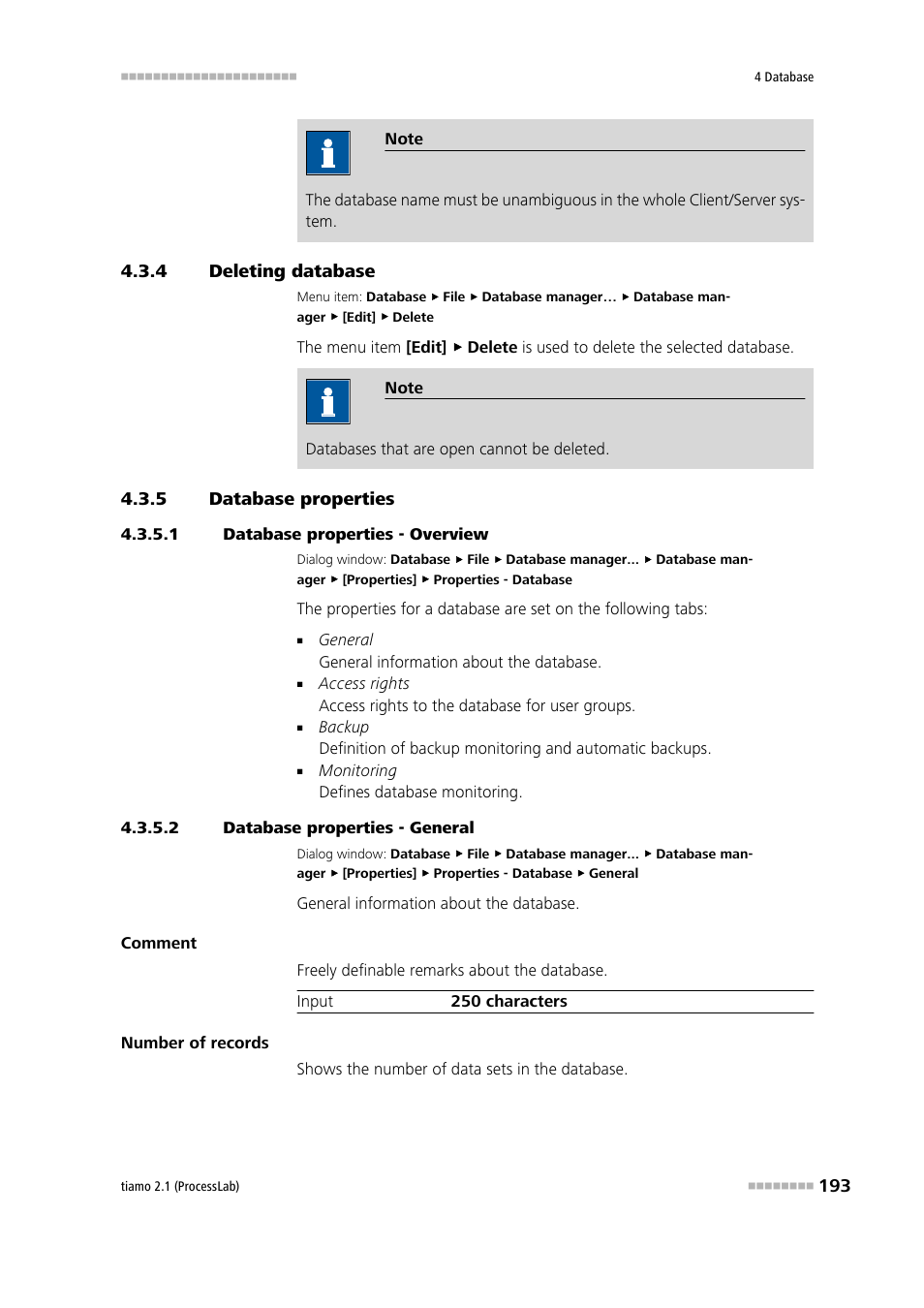 4 deleting database, 5 database properties, 1 database properties - overview | 2 database properties - general, Deleting database, Database properties, Edit database properties, Delete database | Metrohm tiamo 2.1 (ProcessLab) User Manual | Page 209 / 1602