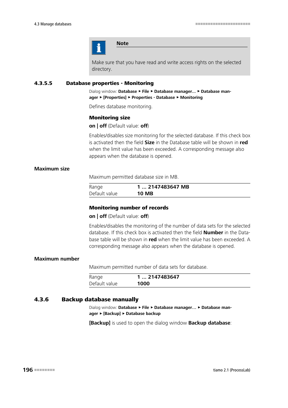 5 database properties - monitoring, 6 backup database manually, Backup database manually | Save database, Monitoring | Metrohm tiamo 2.1 (ProcessLab) User Manual | Page 212 / 1602