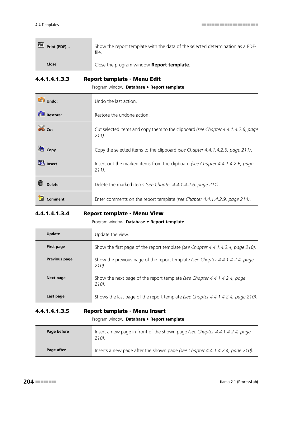 3 report template - menu edit, 4 report template - menu view, 5 report template - menu insert | Edit, View, Insert | Metrohm tiamo 2.1 (ProcessLab) User Manual | Page 220 / 1602