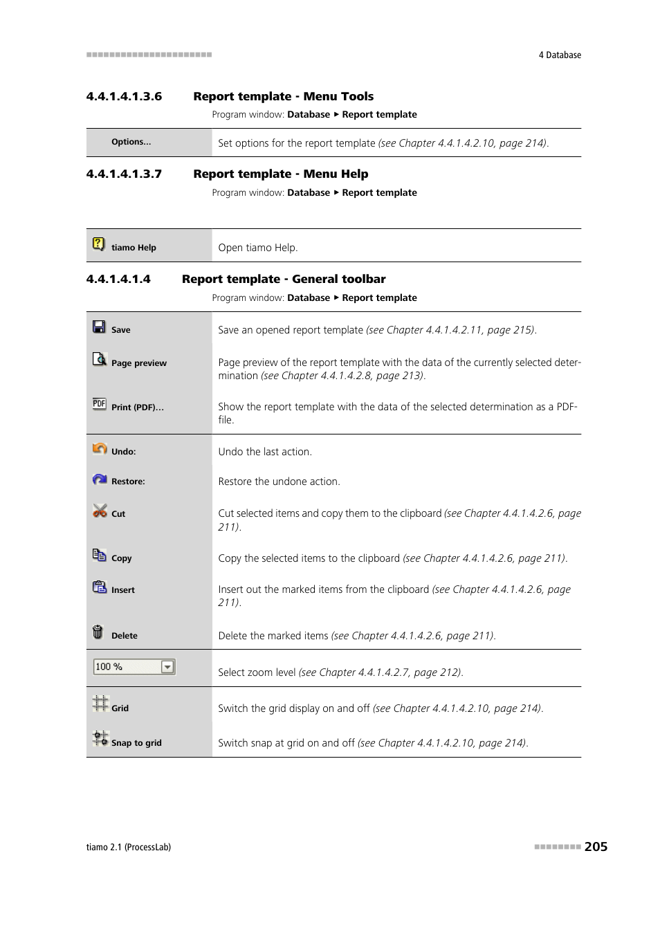 6 report template - menu tools, 7 report template - menu help, 4 report template - general toolbar | General toolbar, Tools, Help | Metrohm tiamo 2.1 (ProcessLab) User Manual | Page 221 / 1602