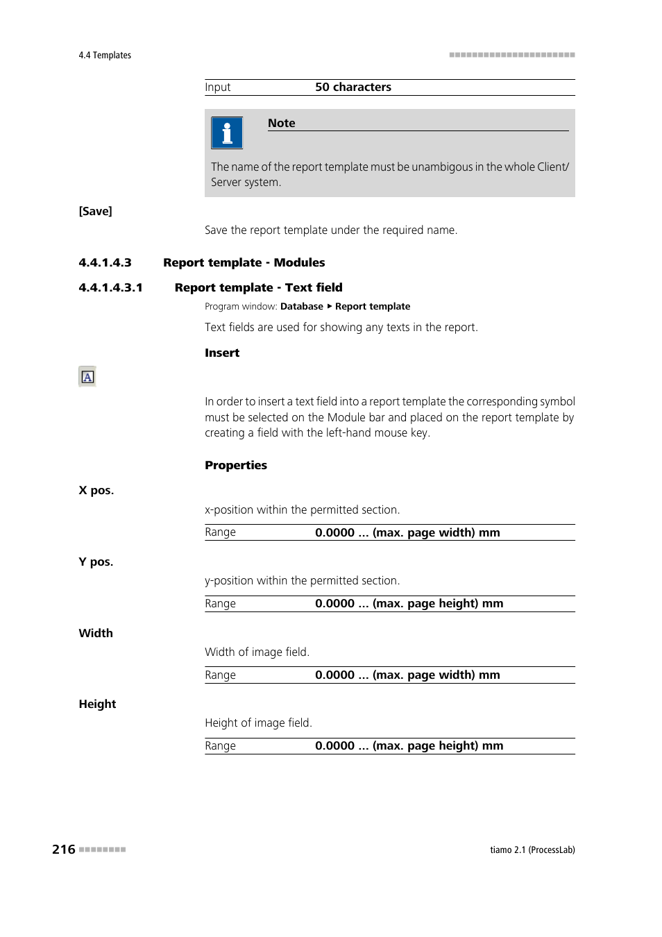 3 report template - modules, 1 report template - text field, Text field | Metrohm tiamo 2.1 (ProcessLab) User Manual | Page 232 / 1602