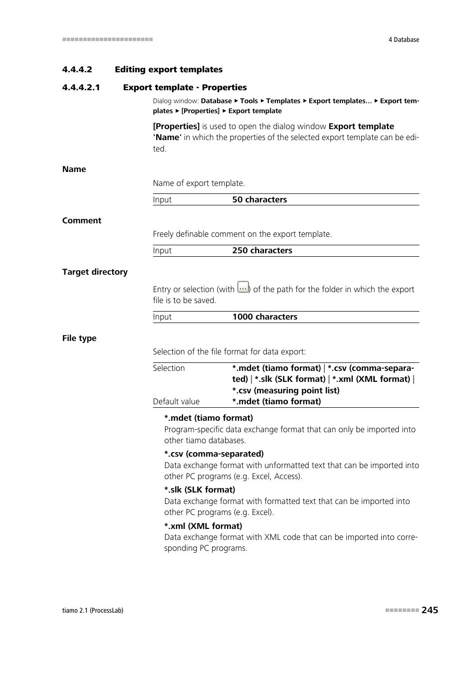 2 editing export templates, 1 export template - properties | Metrohm tiamo 2.1 (ProcessLab) User Manual | Page 261 / 1602