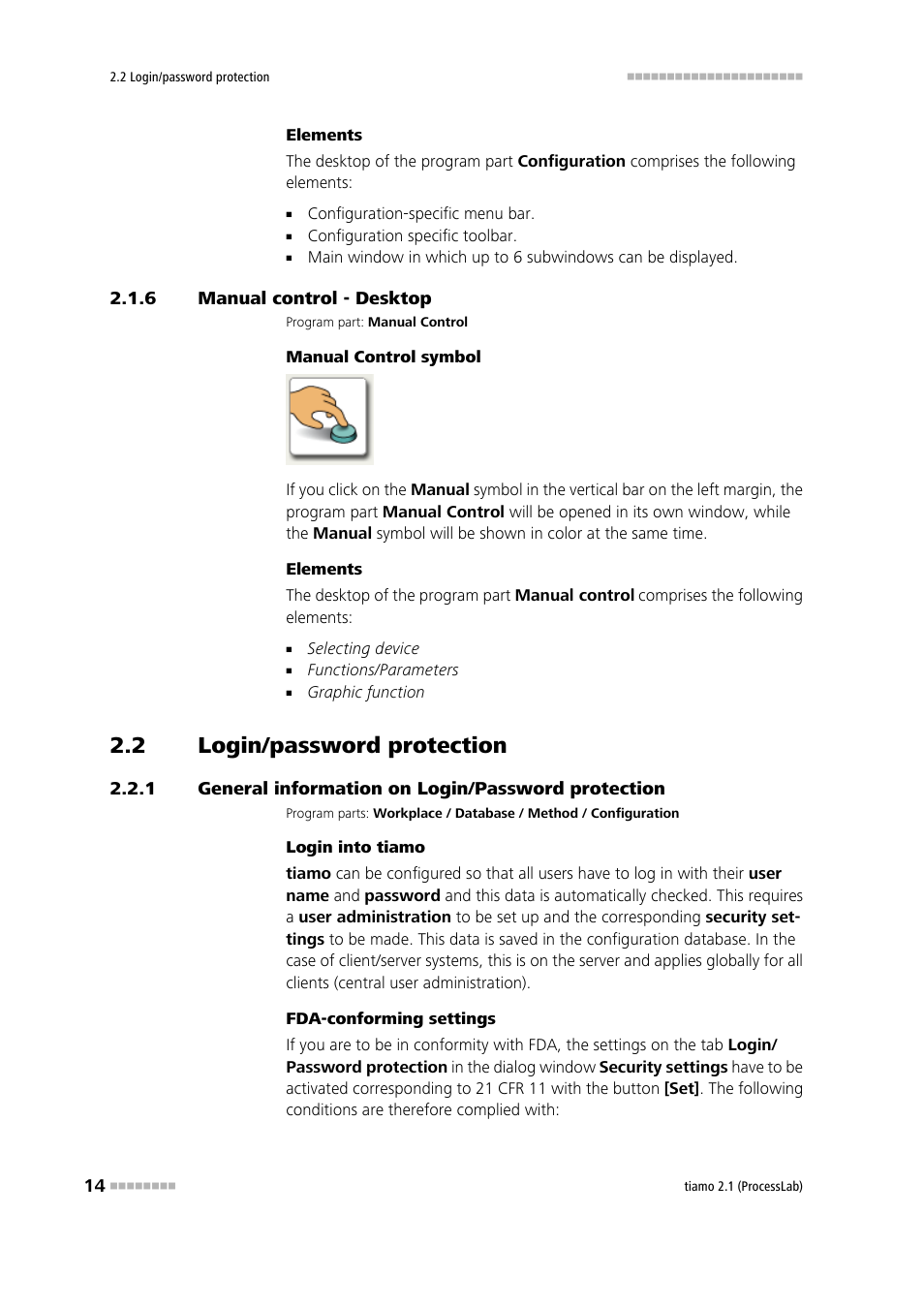 6 manual control - desktop, 2 login/password protection, 1 general information on login/password protection | Manual control - desktop, Login/password protection, General information on login/password protection, Manual control - desktop 6, Manual | Metrohm tiamo 2.1 (ProcessLab) User Manual | Page 30 / 1602