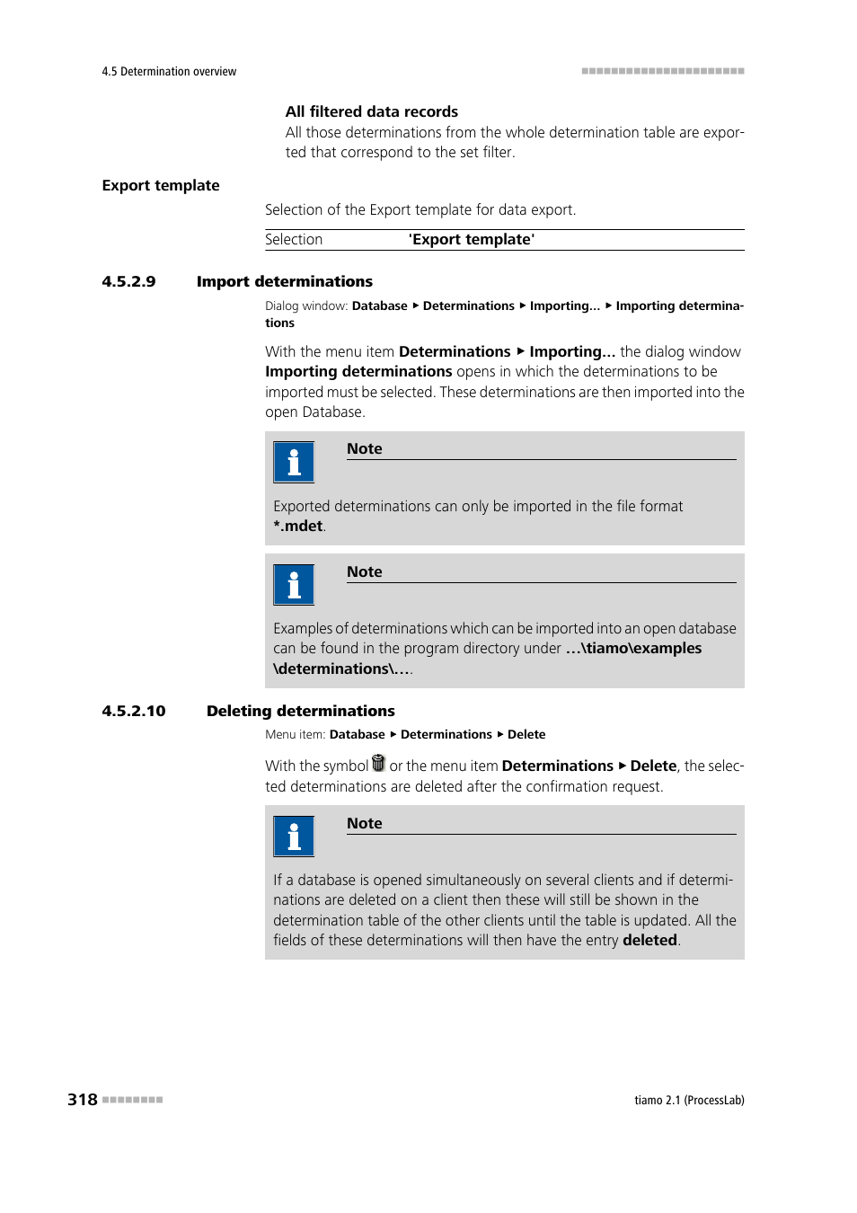 9 import determinations, 10 deleting determinations, Import determinations | Delete determinations | Metrohm tiamo 2.1 (ProcessLab) User Manual | Page 334 / 1602