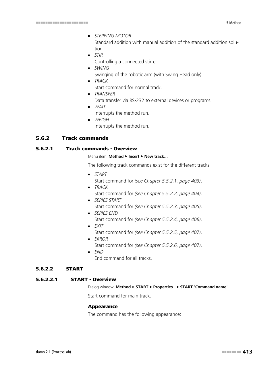 2 track commands, 1 track commands - overview, 2 start | 1 start - overview, Track commands, Start | Metrohm tiamo 2.1 (ProcessLab) User Manual | Page 429 / 1602