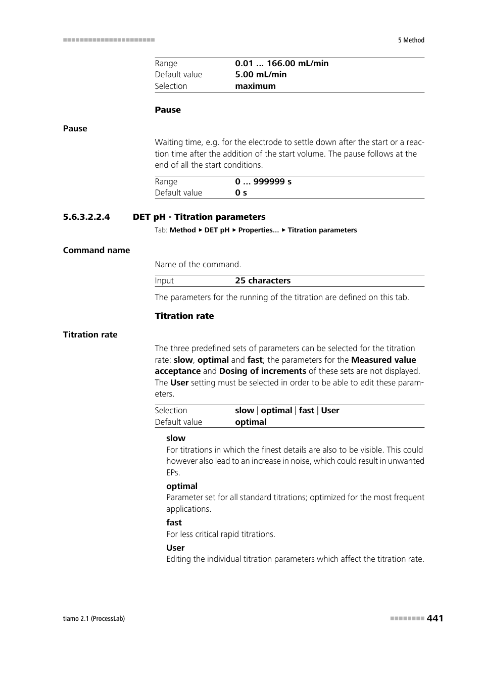 4 det ph - titration parameters, Titration parameters | Metrohm tiamo 2.1 (ProcessLab) User Manual | Page 457 / 1602