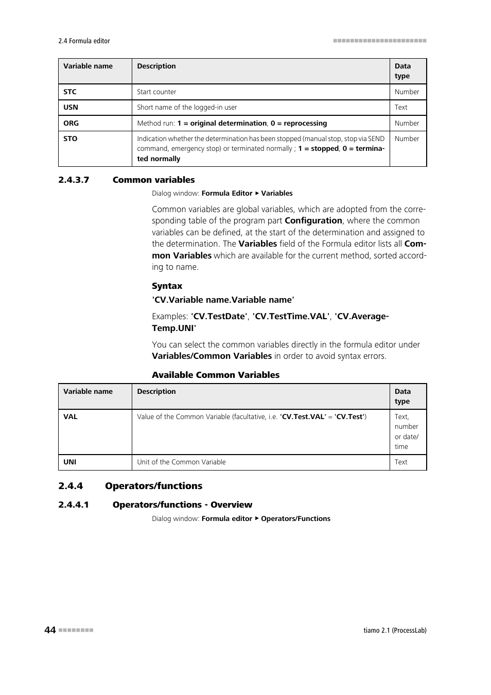 7 common variables, 4 operators/functions, 1 operators/functions - overview | Operators/functions | Metrohm tiamo 2.1 (ProcessLab) User Manual | Page 60 / 1602