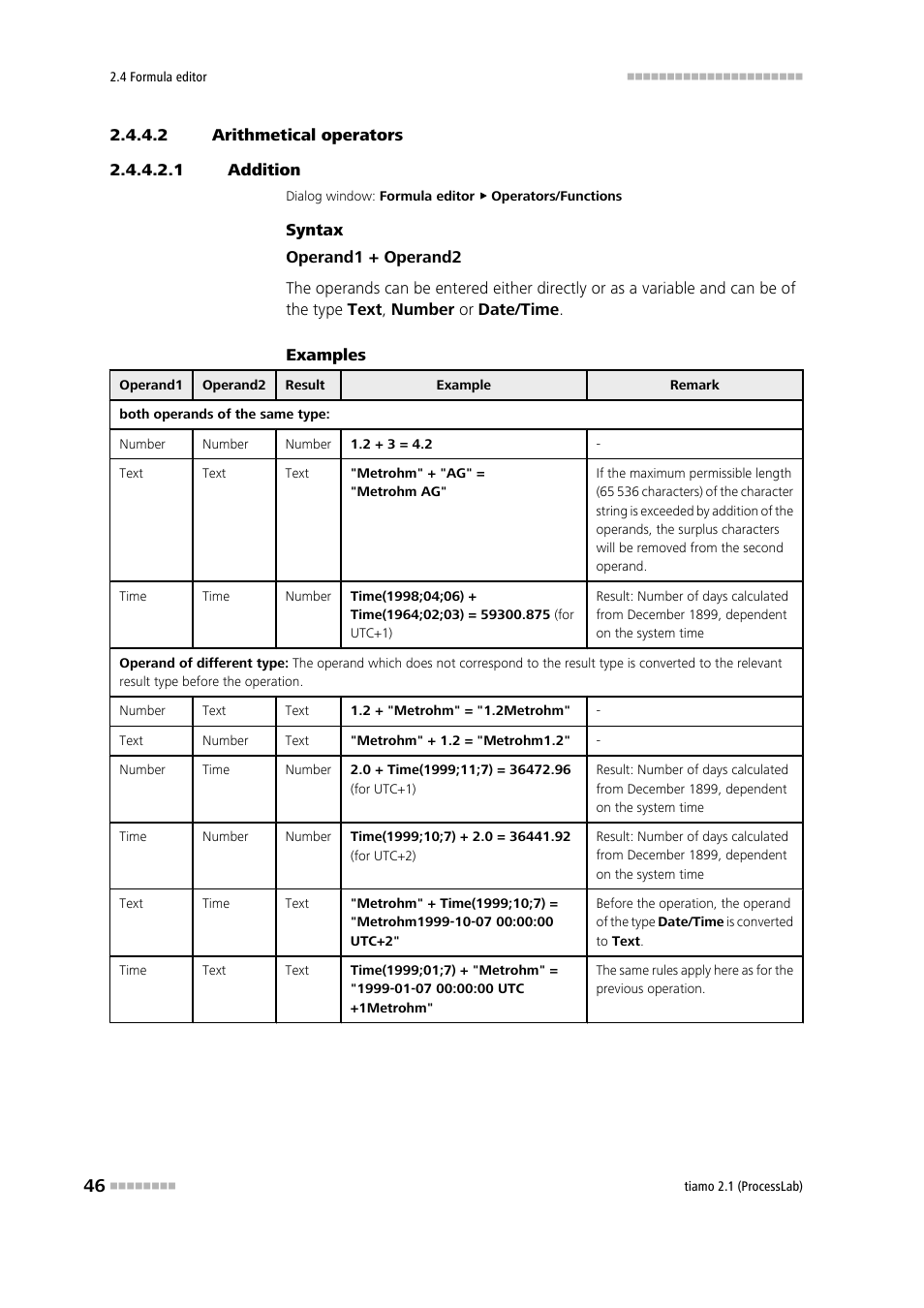 2 arithmetical operators, 1 addition, Addition | Metrohm tiamo 2.1 (ProcessLab) User Manual | Page 62 / 1602