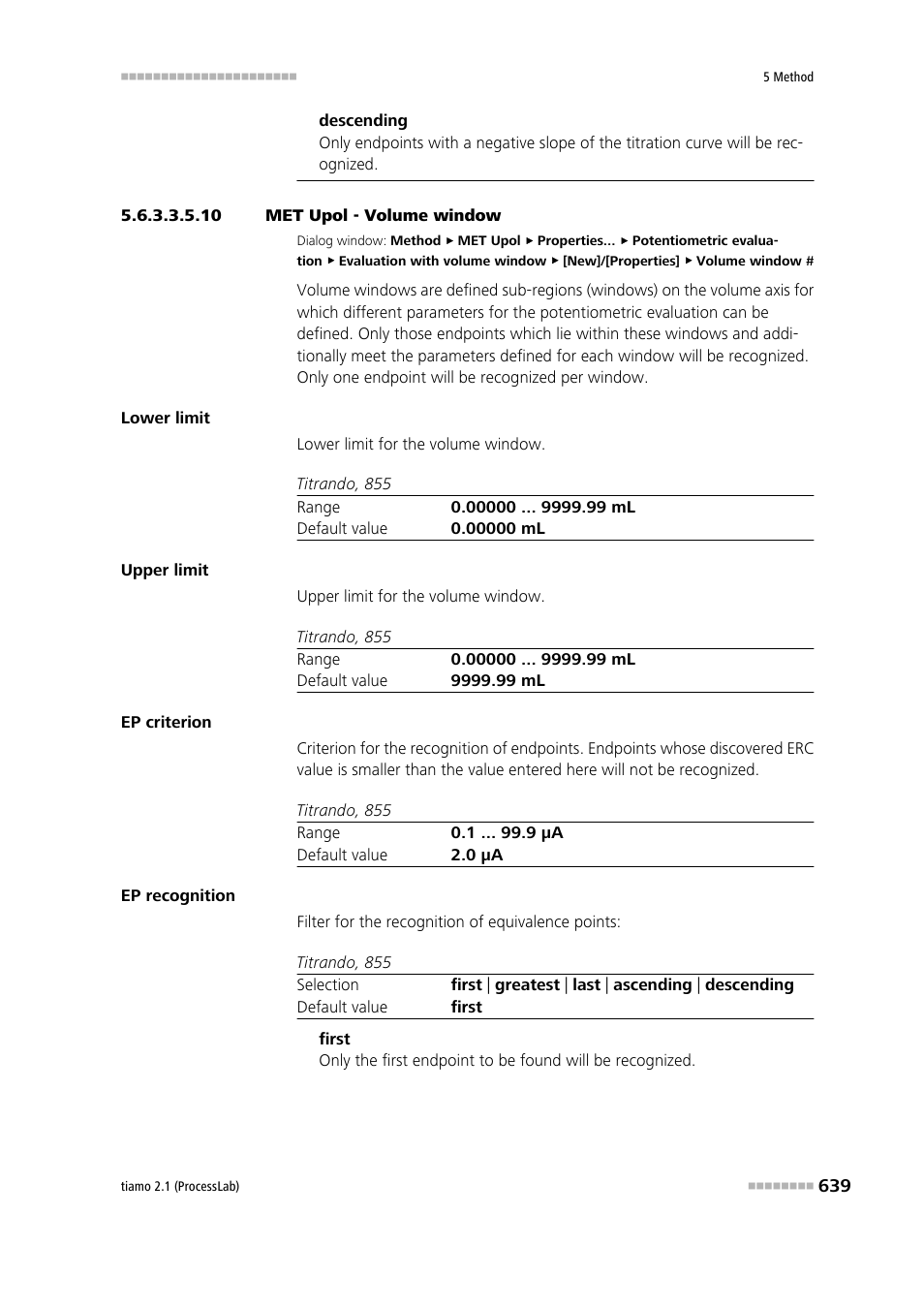 10 met upol - volume window | Metrohm tiamo 2.1 (ProcessLab) User Manual | Page 655 / 1602