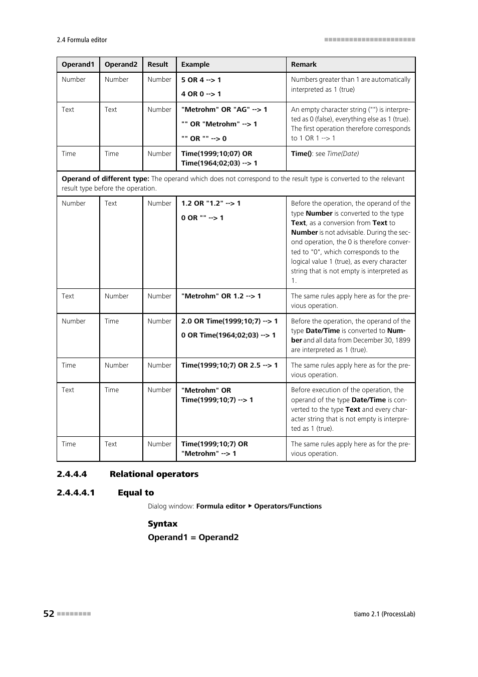 4 relational operators, 1 equal to, Equal to | Equal to (=) | Metrohm tiamo 2.1 (ProcessLab) User Manual | Page 68 / 1602