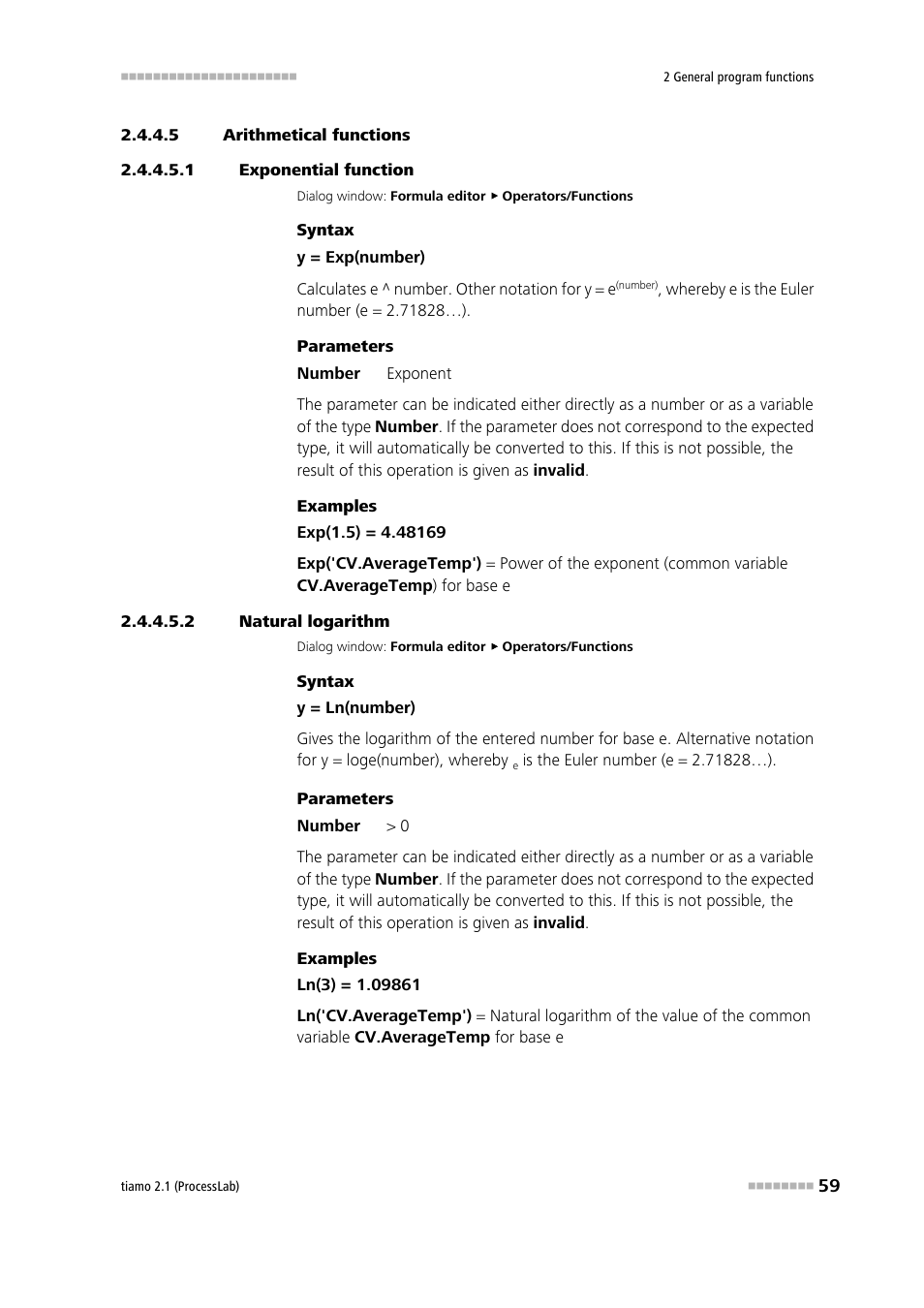 5 arithmetical functions, 1 exponential function, 2 natural logarithm | Exponential function, Natural logarithm | Metrohm tiamo 2.1 (ProcessLab) User Manual | Page 75 / 1602