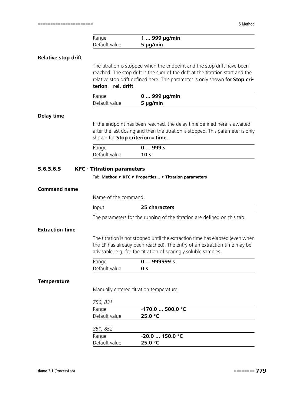 5 kfc - titration parameters, Titration parameters | Metrohm tiamo 2.1 (ProcessLab) User Manual | Page 795 / 1602