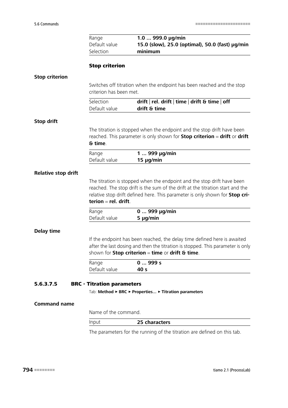 5 brc - titration parameters, Titration parameters | Metrohm tiamo 2.1 (ProcessLab) User Manual | Page 810 / 1602