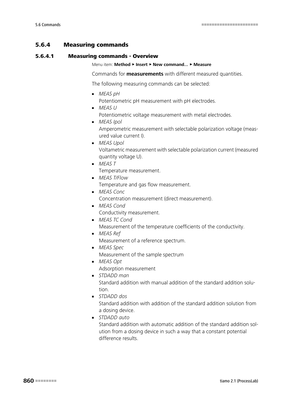 4 measuring commands, 1 measuring commands - overview, Measuring commands | Meas , stdadd, Meas | Metrohm tiamo 2.1 (ProcessLab) User Manual | Page 876 / 1602