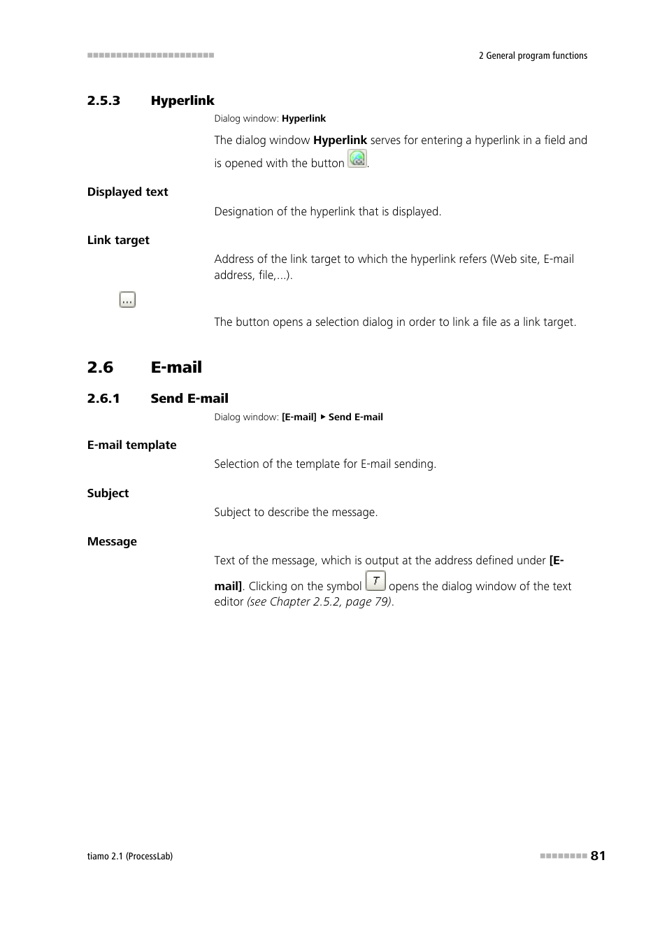 3 hyperlink, 6 e-mail, 1 send e-mail | Hyperlink, E-mail, Send e-mail | Metrohm tiamo 2.1 (ProcessLab) User Manual | Page 97 / 1602