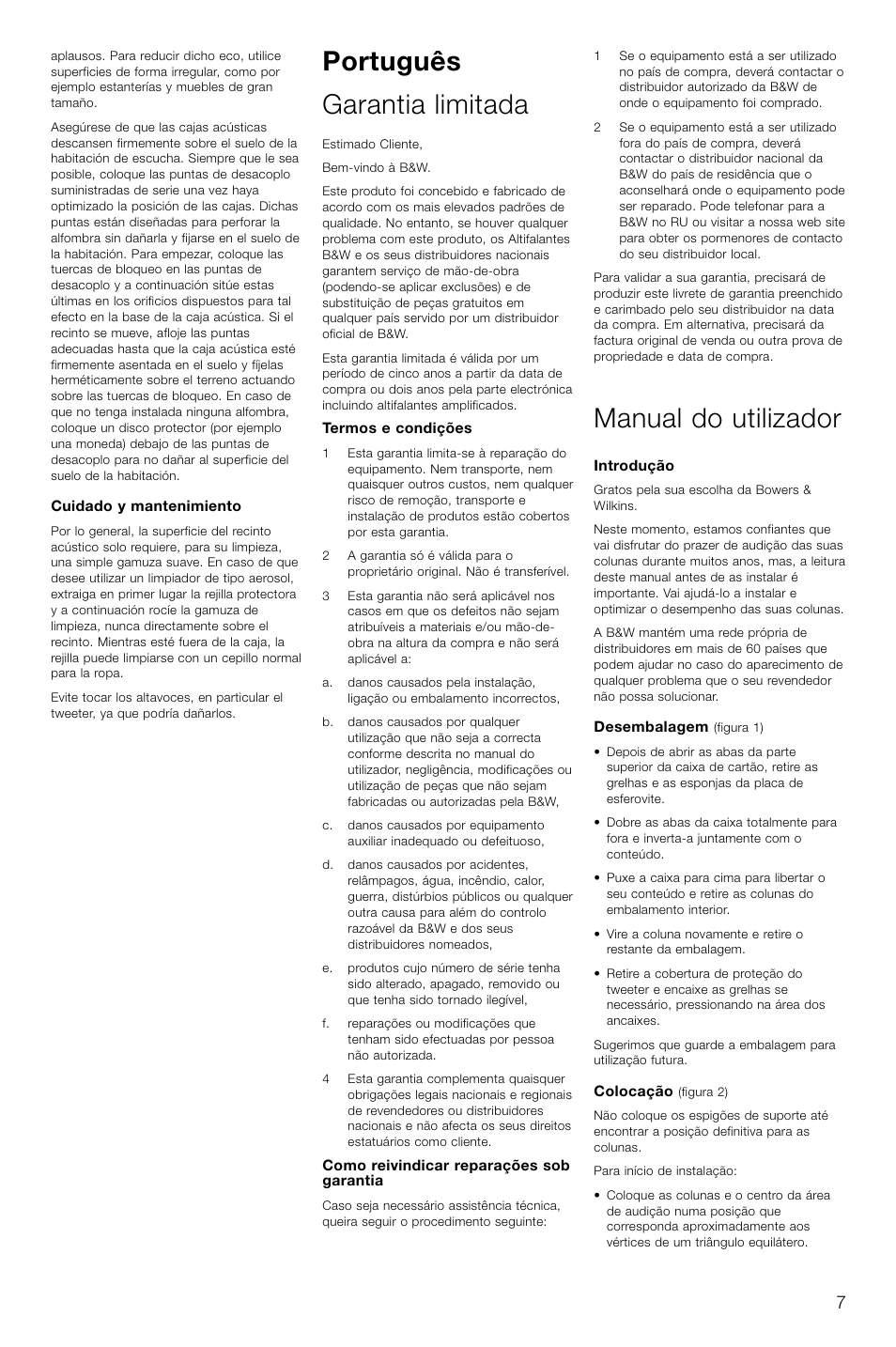 Português garantia limitada, Manual do utilizador | Bowers & Wilkins DM602.5 S3 User Manual | Page 10 / 32