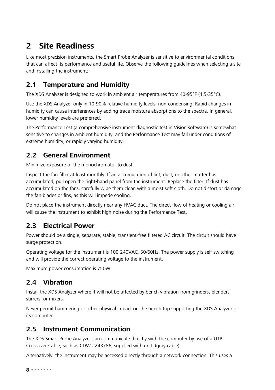 2 site readiness, 1 temperature and humidity, 2 general environment | 3 electrical power, 4 vibration, 5 instrument communication, Site readiness, Temperature and humidity, General environment, Electrical power | Metrohm NIRS XDS SmartProbe Analyzer User Manual | Page 10 / 97