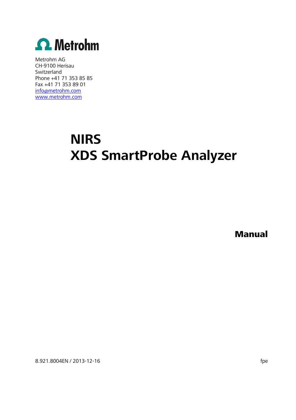 Nirs xds smartprobe analyzer, Manual | Metrohm NIRS XDS SmartProbe Analyzer User Manual | Page 3 / 97