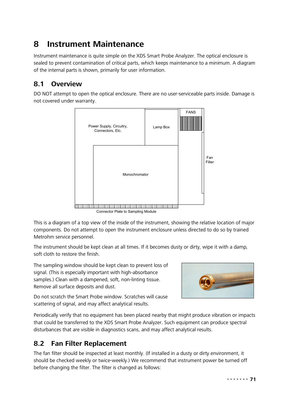 8 instrument maintenance, 1 overview, 2 fan filter replacement | Instrument maintenance, Overview, Fan filter replacement, 8instrument maintenance | Metrohm NIRS XDS SmartProbe Analyzer User Manual | Page 73 / 97