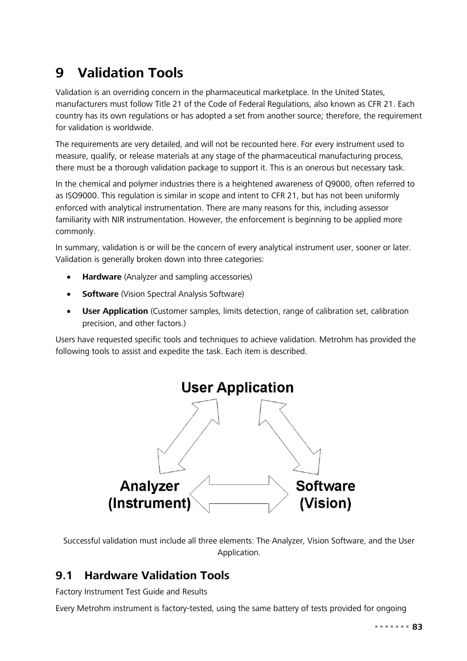 9 validation tools, 1 hardware validation tools, Validation tools | Hardware validation tools, 9validation tools | Metrohm NIRS XDS SmartProbe Analyzer User Manual | Page 85 / 97