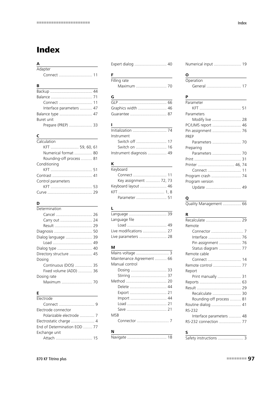 Index | Metrohm 870 KF Titrino plus Manual User Manual | Page 107 / 108