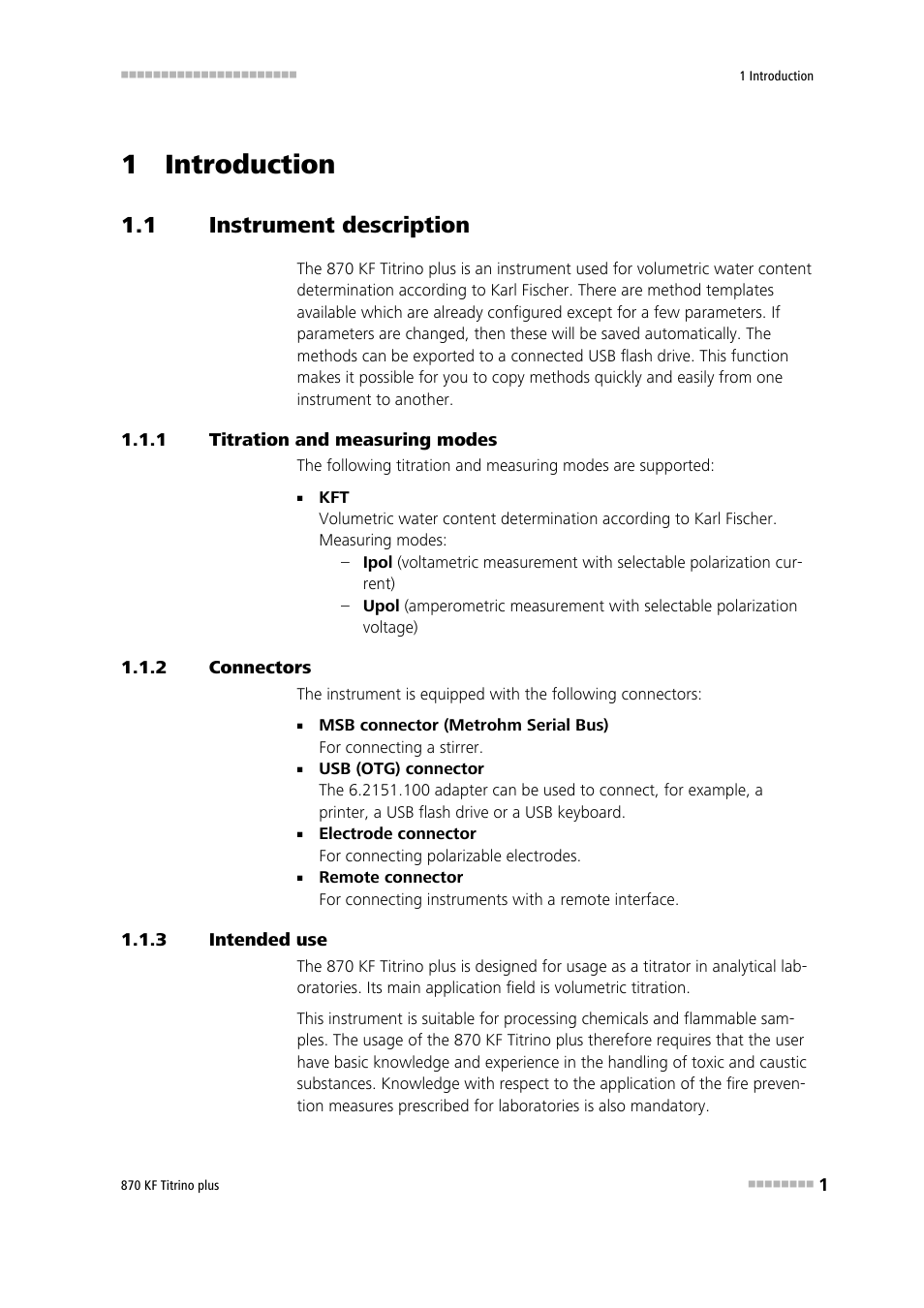 1 introduction, 1 instrument description, 1 titration and measuring modes | 2 connectors, 3 intended use, Instrument description, Titration and measuring modes, Connectors, Intended use | Metrohm 870 KF Titrino plus Manual User Manual | Page 11 / 108