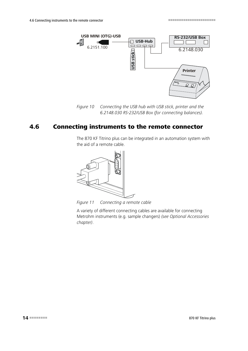6 connecting instruments to the remote connector, Connecting instruments to the remote connector, Figure 10 | Figure 11, Connecting a remote cable | Metrohm 870 KF Titrino plus Manual User Manual | Page 24 / 108