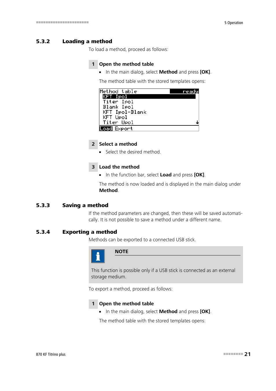 2 loading a method, 3 saving a method, 4 exporting a method | Loading a method, Saving a method, Exporting a method | Metrohm 870 KF Titrino plus Manual User Manual | Page 31 / 108