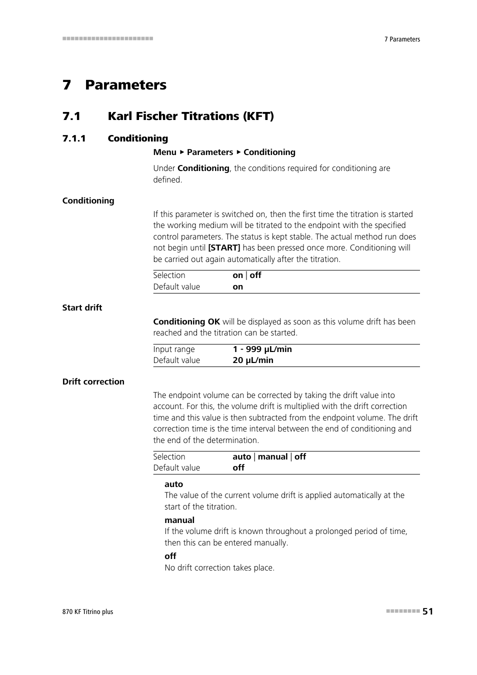 7 parameters, 1 karl fischer titrations (kft), 1 conditioning | Karl fischer titrations (kft), Conditioning | Metrohm 870 KF Titrino plus Manual User Manual | Page 61 / 108