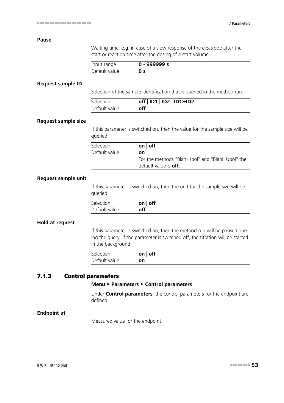 3 control parameters, Control parameters | Metrohm 870 KF Titrino plus Manual User Manual | Page 63 / 108