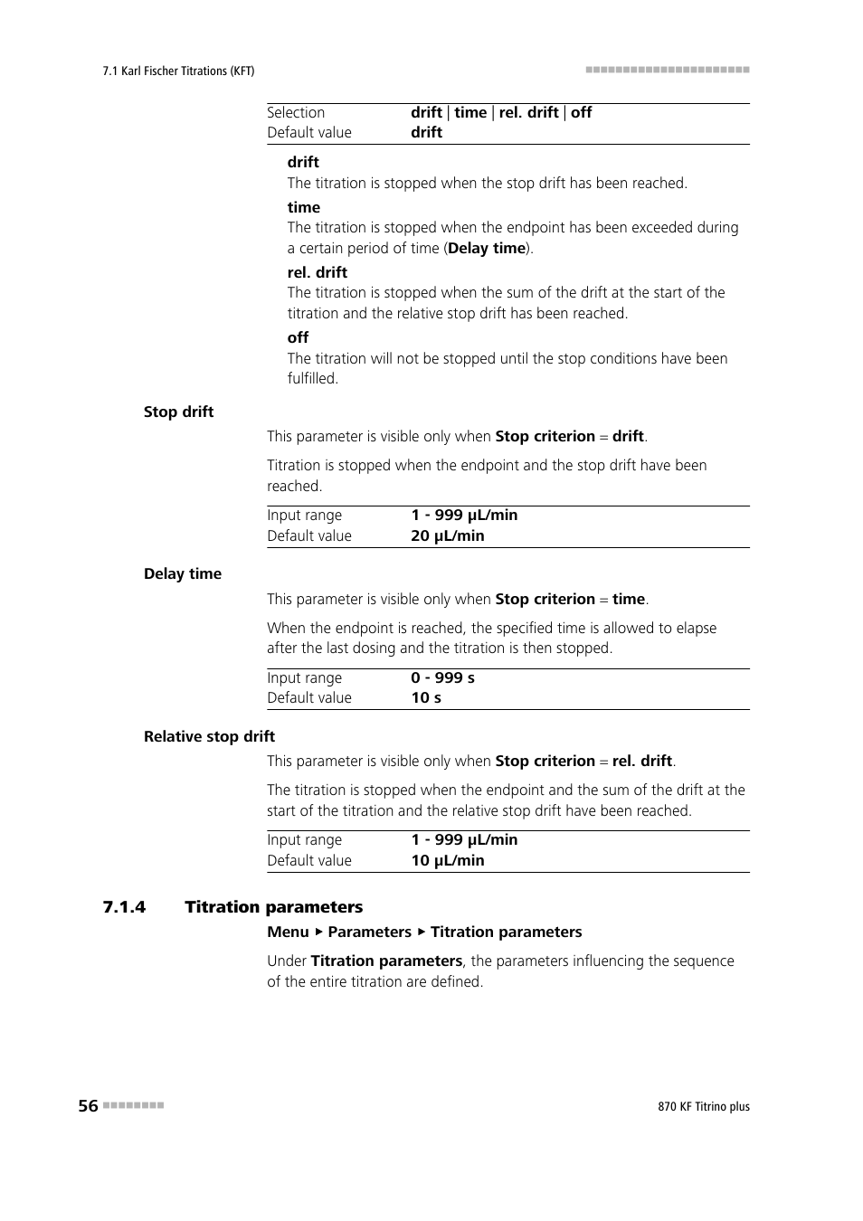 4 titration parameters, Titration parameters | Metrohm 870 KF Titrino plus Manual User Manual | Page 66 / 108