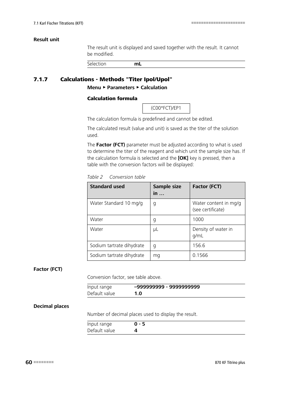 7 calculations - methods "titer ipol/upol, Calculations - methods "titer ipol/upol | Metrohm 870 KF Titrino plus Manual User Manual | Page 70 / 108