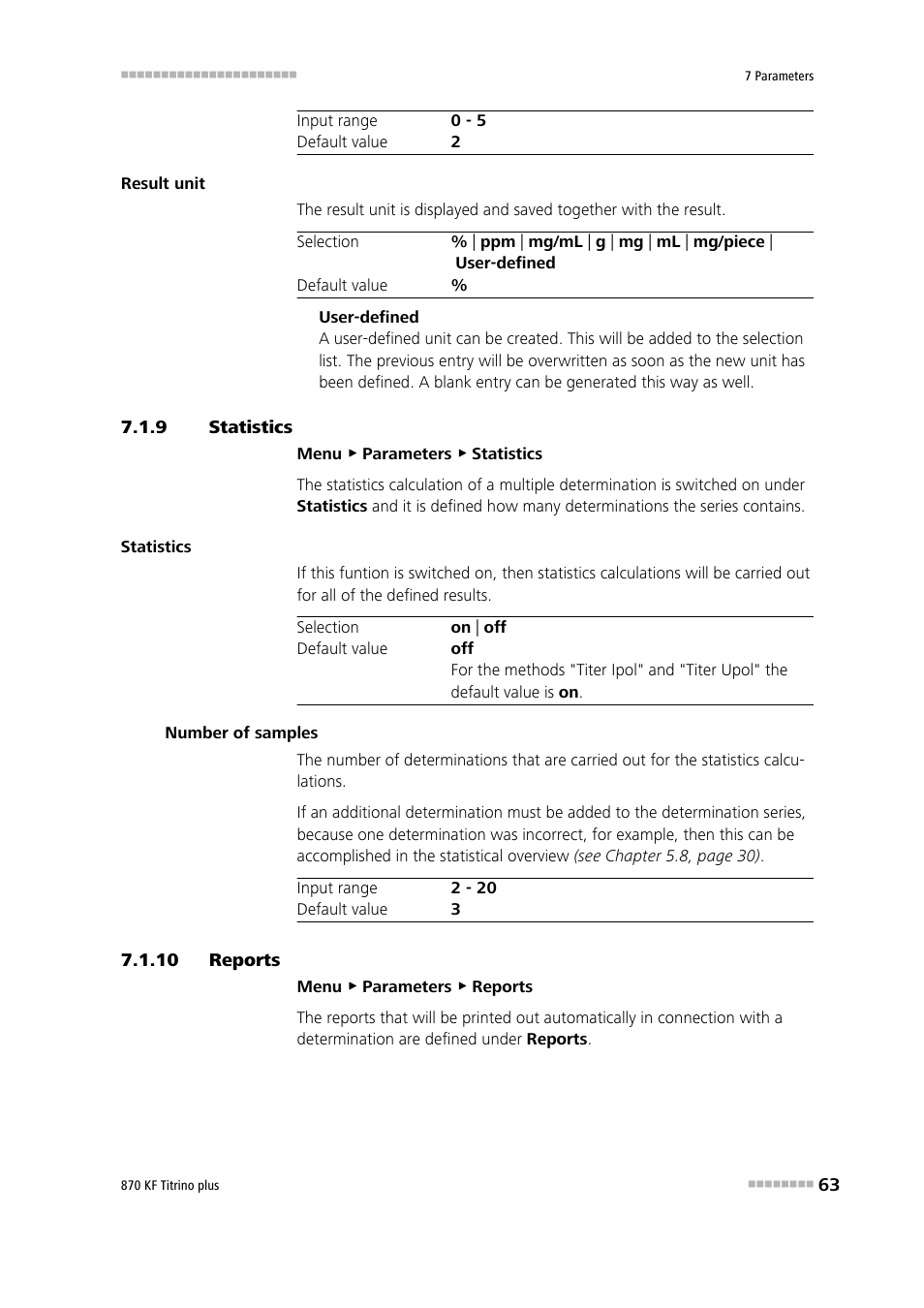 9 statistics, 10 reports, Statistics | Reports | Metrohm 870 KF Titrino plus Manual User Manual | Page 73 / 108