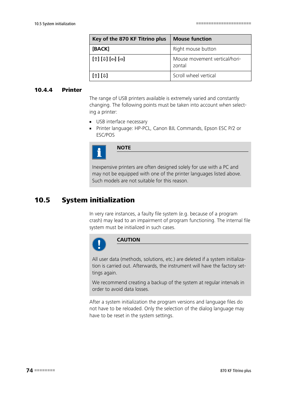 4 printer, 5 system initialization, Printer | Metrohm 870 KF Titrino plus Manual User Manual | Page 84 / 108