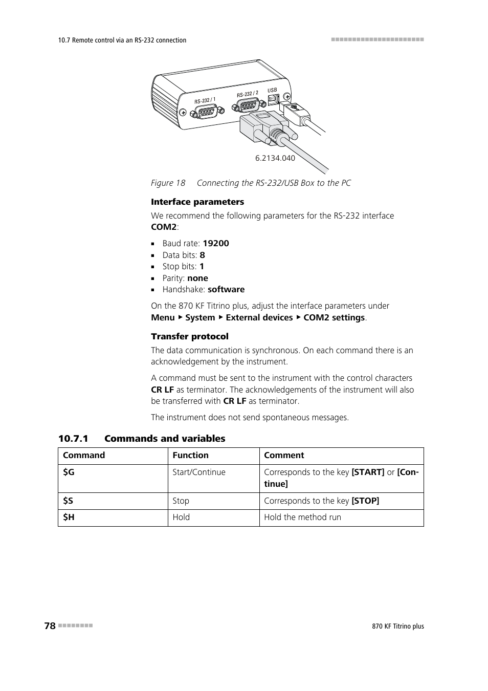 1 commands and variables, Commands and variables, Figure 18 | Connecting the rs-232/usb box to the pc | Metrohm 870 KF Titrino plus Manual User Manual | Page 88 / 108