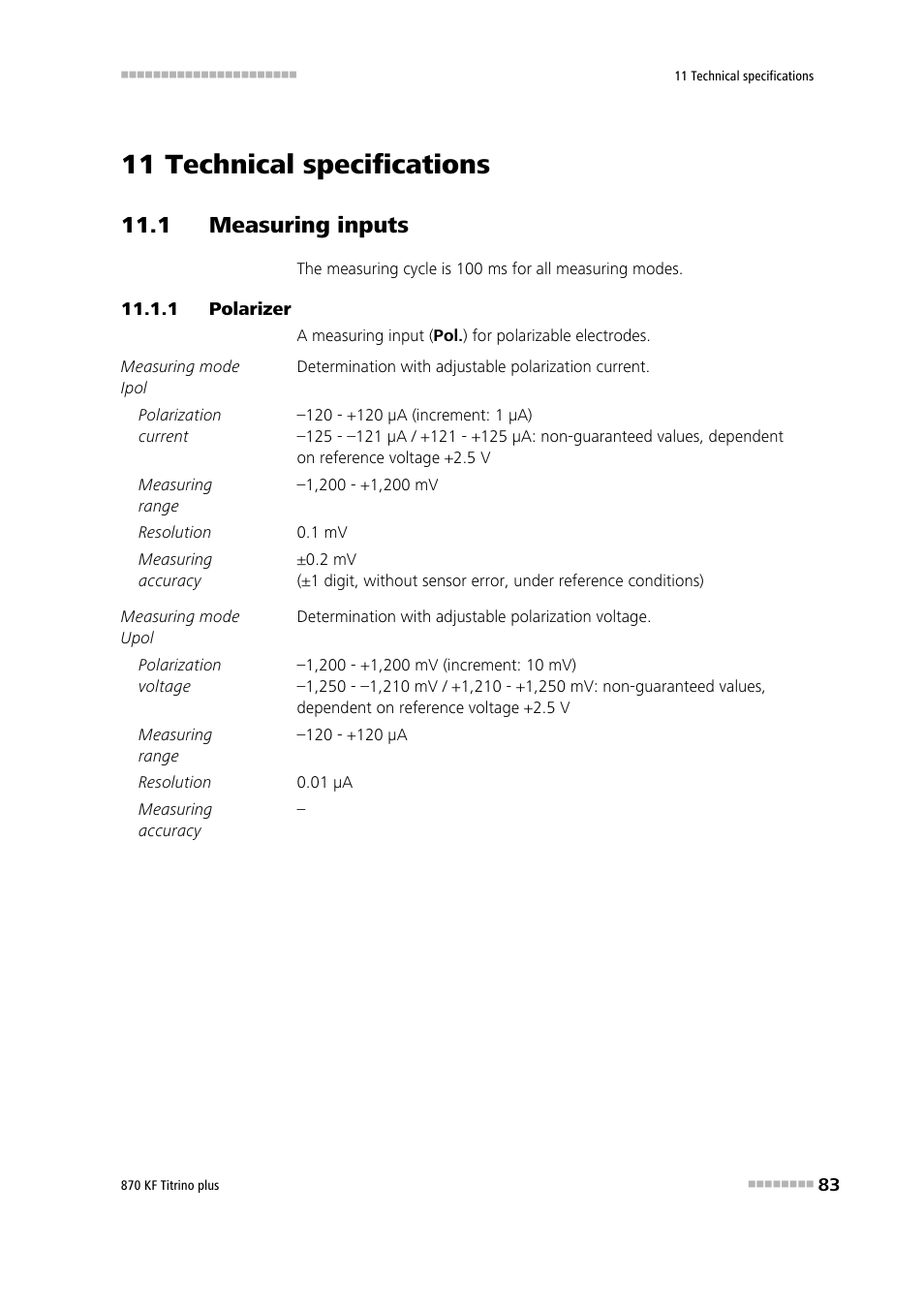 11 technical specifications, 1 measuring inputs, 1 polarizer | Polarizer | Metrohm 870 KF Titrino plus Manual User Manual | Page 93 / 108