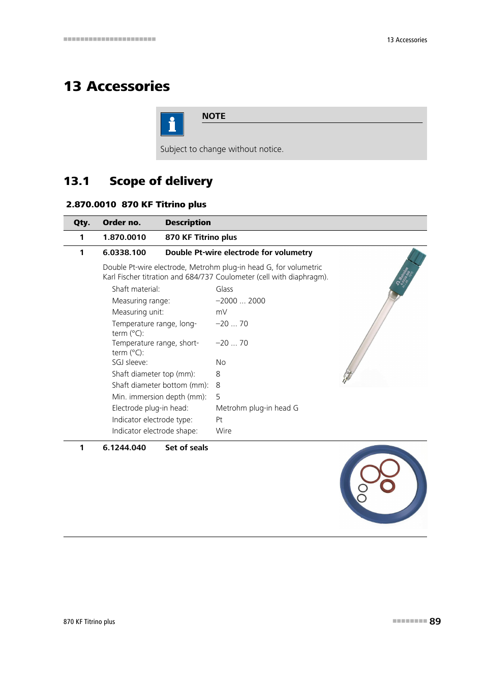 13 accessories, 1 scope of delivery | Metrohm 870 KF Titrino plus Manual User Manual | Page 99 / 108