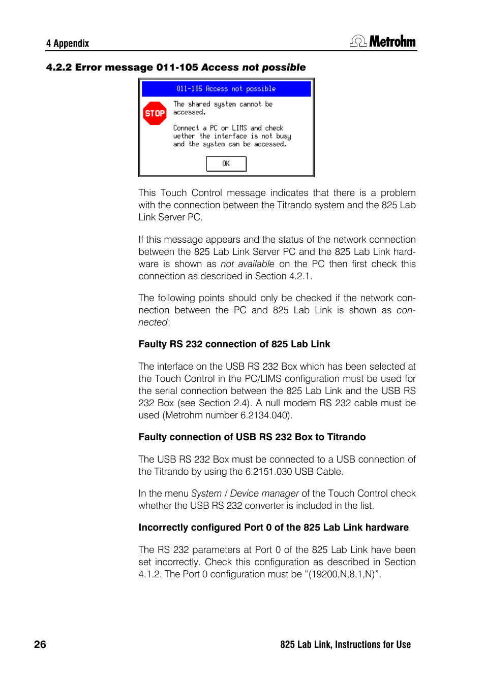 2 error message 011-105 access not possible | Metrohm 857 Titrando User Manual | Page 30 / 37