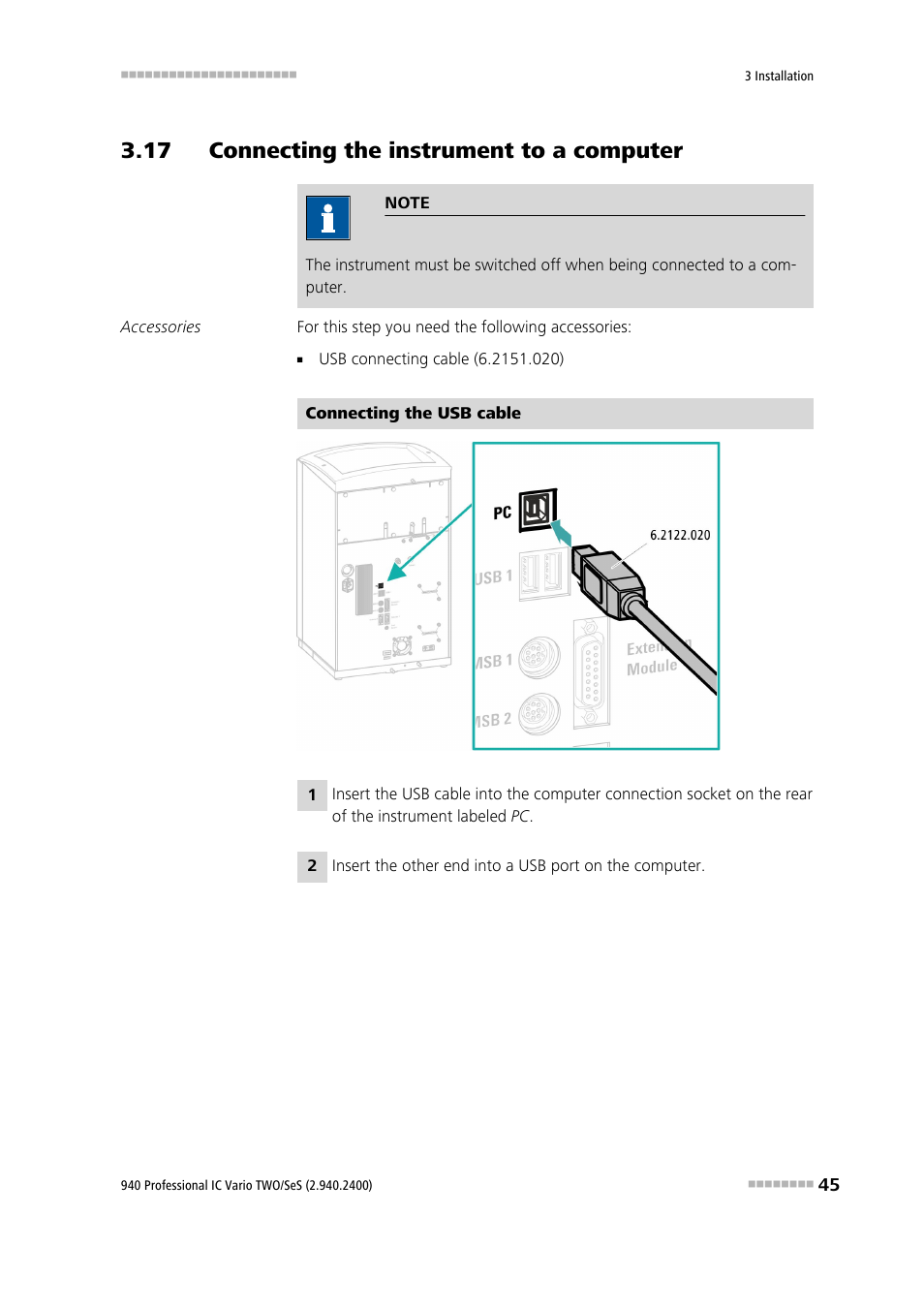 17 connecting the instrument to a computer | Metrohm 940 Professional IC Vario TWO/SeS/PP User Manual | Page 53 / 116