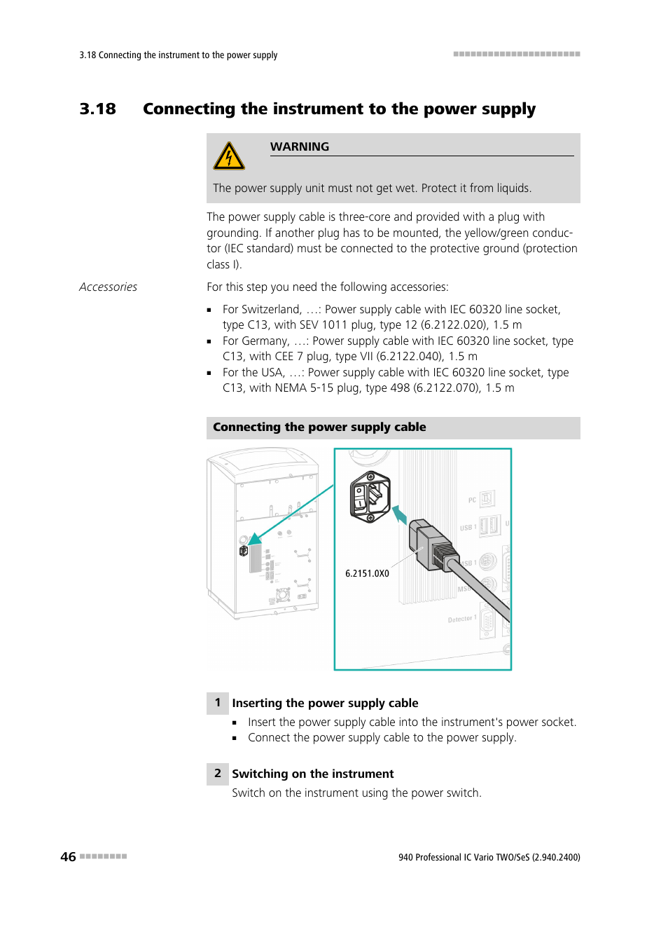 18 connecting the instrument to the power supply | Metrohm 940 Professional IC Vario TWO/SeS/PP User Manual | Page 54 / 116