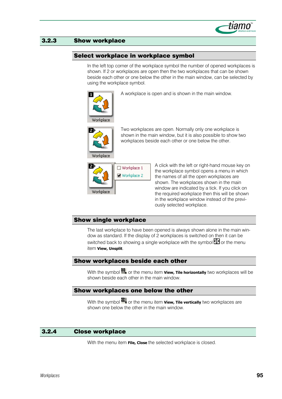 3 show workplace, Select workplace in workplace symbol, Show single workplace | Show workplaces beside each other, Show workplaces one below the other, 4 close workplace | Metrohm tiamo 1.1 Manual User Manual | Page 123 / 838