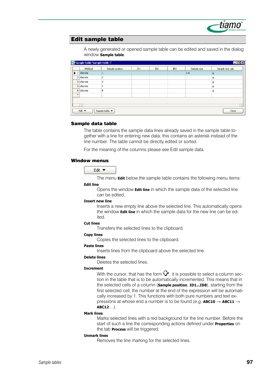 Edit sample table | Metrohm tiamo 1.1 Manual User Manual | Page 125 / 838